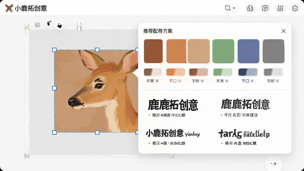小鹿拓创意实时色彩与字体建议功能,画布上有一块选中的色块,旁边弹出推荐配色方案色卡,下方展示几组字体搭配示例,浅色界面,软件名称“小鹿拓创意”在左上角,整体视觉专业,高清,干净无多余元素