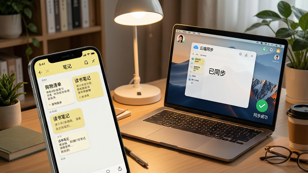 主体:一部手机和一台笔记本电脑并排放在书桌上,手机屏幕显示柠檬笔记的笔记列表,电脑屏幕显示同一个账号的云端同步状态,界面显示“已同步”字样。布局:手机在左,电脑在右,中间有一盏台灯,画面呈45度俯视角度。排版:手机和电脑屏幕内容清晰,手机屏幕上有几行笔记摘要,电脑屏幕右下角有“同步成功”的绿色图标。风格:写实摄影风格,暖色调灯光,背景为书架和绿植,营造温馨的工作氛围。细节:手机屏幕上的笔记包含“购物清单”“读书笔记”等卡片,电脑屏幕左上角有用户头像,桌面有咖啡杯和眼镜。画质:高清细腻,光线柔和,色彩自然,无多余元素。