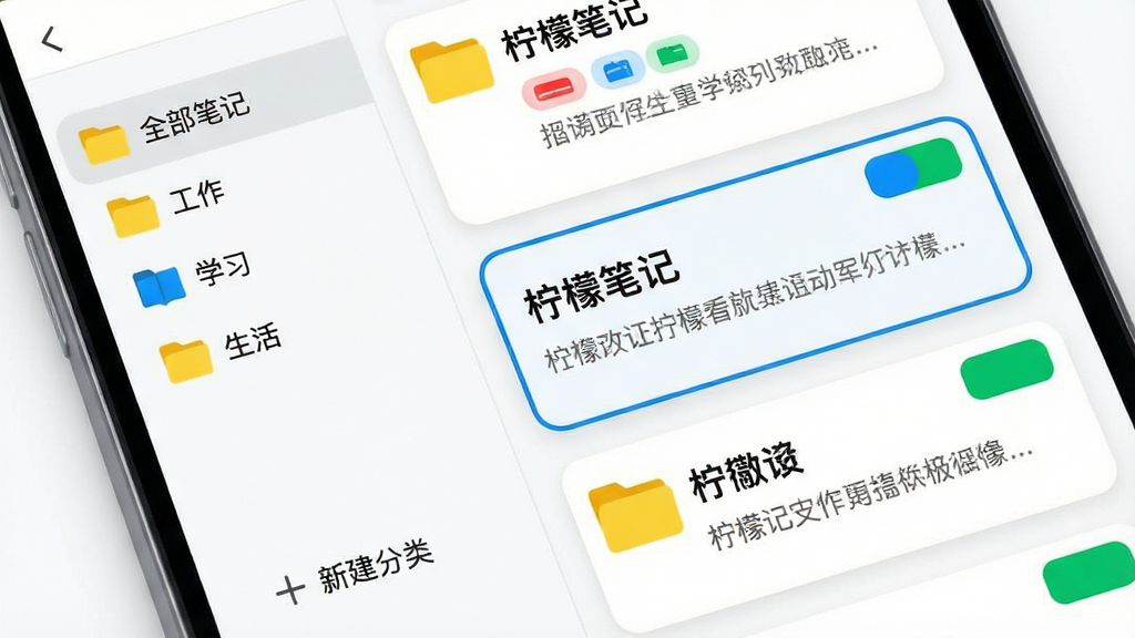 主体:一个手机界面的近距离特写,屏幕上展示柠檬笔记的分类管理界面,左侧为侧边栏,显示“全部笔记”“工作”“学习”“生活”等文件夹图标,右侧为笔记卡片列表,卡片右上角有彩色标签。布局:屏幕占满画面,侧边栏与列表区域比例协调,卡片呈瀑布流排列,标签颜色醒目。排版:界面采用列表式布局,文件夹图标为黄色文件夹样式,卡片文字清晰可见,标签为红、蓝、绿三种颜色。风格:UI设计图风格,扁平化图标,白色背景,圆角卡片,整体简洁明快。细节:侧边栏底部有“新建分类”按钮,卡片上显示笔记标题和摘要,其中一张卡片被选中,有蓝色边框。画质:高清晰度,颜色鲜艳,阴影柔和,界面元素无锯齿,干净无多余元素。