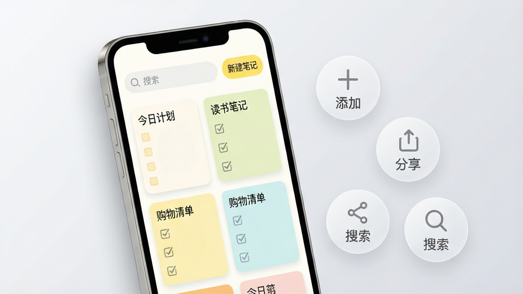 主体:一部亮着屏幕的智能手机,屏幕上显示柠檬笔记APP的简洁主界面,界面以白色和淡黄色为主色调,顶部有搜索栏和“新建笔记”按钮,下方排列着几张色彩柔和的笔记卡片,卡片上分别有文字和勾选清单。布局:手机位于画面中央偏左,右侧留白处悬浮着几个半透明的圆形图标,代表“添加”“分享”“搜索”功能。排版:手机屏幕内容清晰可见,界面元素排列整齐,卡片之间间距均匀,整体构图平衡。风格:扁平化插画风格,色彩清新明亮,背景为浅灰渐变,营造清爽、干净的科技感。细节:界面上的文字使用中文,笔记卡片显示“今日计划”“读书笔记”“购物清单”等字样,手机边缘有细微阴影,增加立体感。画质:高分辨率,细节锐利,色彩过渡自然,画面干净无多余元素。