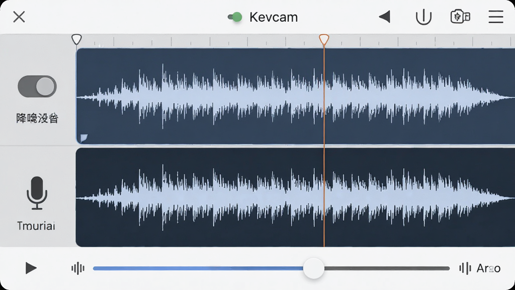 Kevcam录音功能界面特写,主体为波形音频轨道编辑界面,布局为上下双轨设计,上轨为系统声音波形,下轨为麦克风波形,风格简约现代,细节包含降噪开关与音量滑块,画质为高清,干净无多余元素