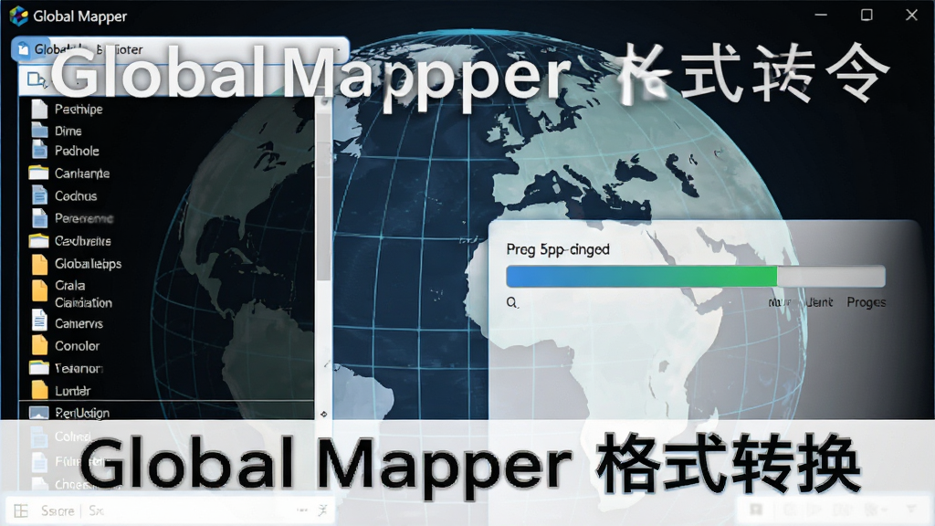 一张展示Global Mapper数据转换功能的界面,左侧是文件格式列表,右侧是转换进度条,背景为地球网格,风格简约现代,画质清晰,标注文字
