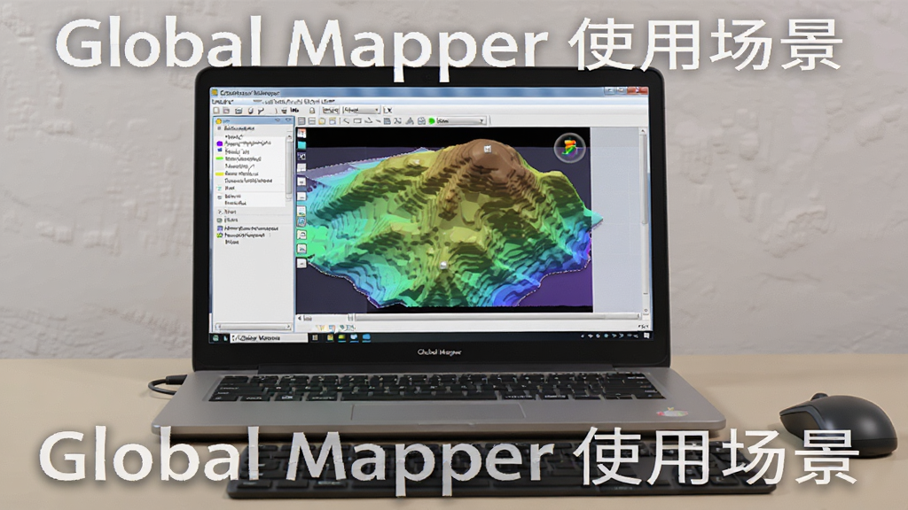 一张展示Global Mapper运行在笔记本电脑上的场景,屏幕中显示地形分析界面,周围有鼠标和键盘,桌面整洁,风格写实,画质清晰,标注文字