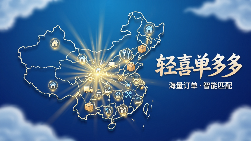 画面主体为一张中国地图的抽象轮廓,上面分布着许多发光的小图标,代表不同类型的订单(如房屋清洁、快递包裹、维修工具等),从地图中心向外辐射出金色光线。整体布局为俯视视角,地图居中,四周有轻微模糊的云朵装饰。排版上,右侧位置用艺术字标注“轻喜单多多”,下方有一行小字“海量订单智能匹配”。风格为科技感插画,蓝色渐变背景,光线和图标采用高光处理。细节丰富,每个图标轮廓清晰,画质高清,背景干净无多余元素。
