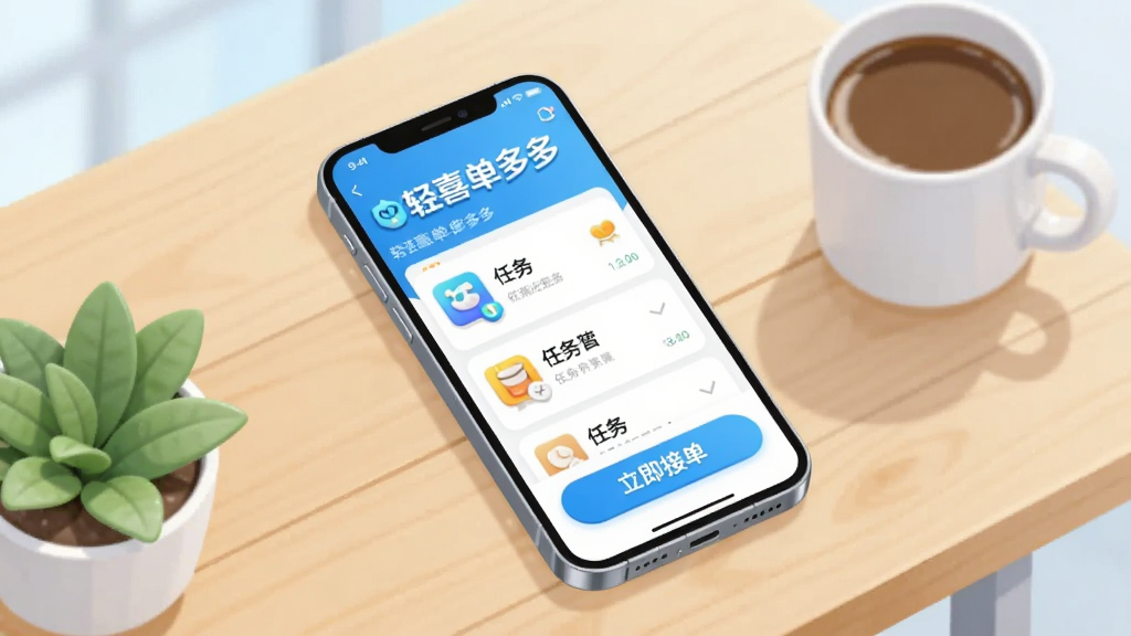 画面主体为一部亮屏的智能手机,屏幕中清晰展示“轻喜单多多”APP的首页界面,界面上有任务列表和“立即接单”的醒目按钮。手机斜放在浅色木桌上,旁边有一杯咖啡和一个小绿植。布局采用中心构图,手机屏幕朝上并略微倾斜。排版简洁,四周留白充足。风格为现代扁平化插画风,色彩明亮清新,以浅蓝和白色为主色调。细节上突出APP名称“轻喜单多多”字样和任务图标的立体感。画质清晰通透,干净无多余元素。