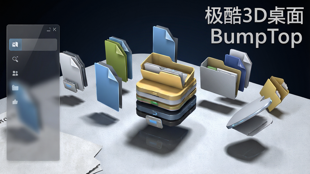 ���壺����3D����BumpTop�������н��棬��ʾһ�������ʮ���3D����ռ䡣���֣����������������Ķ���ļ�ͼ����ļ��У���͸�ӽǶ����У�����ͼ��ѵ���һ�𣬱���Ϊ��ɫ���䡣�Ű棺ͼ���С��һ����Զ����Σ������һ����͸���Ŀ�����塣��񣺿Ƽ��С�δ���С�3D��Ⱦ��񣬹�ӰЧ��ǿ�ҡ�ϸ�ڣ�ͼ�����ͶӰ��������������ֽ�ŵ�����������ͼ�����б״̬�����Ͻ����������ơ�����3D����BumpTop���İ�ɫ��͸�����������ʣ�8K�����壬ϸ�ڷḻ���ɾ����޶���Ԫ�ء�