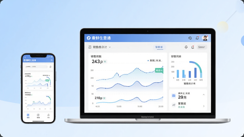 秦丝生意通多设备同步示意图,一台手机和一台笔记本电脑并排,屏幕上都显示相同的销售统计图表,背景为浅蓝色渐变,风格简洁现代,画质干净。