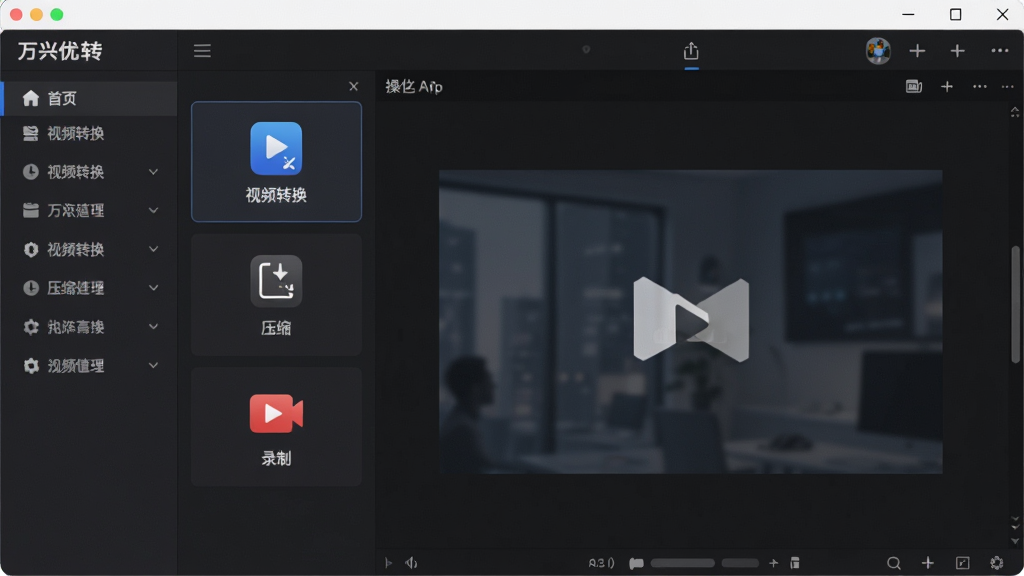 一张展示万兴优转软件主界面的高清截图,主体是深色主题下的功能分区布局,左侧为功能导航栏,右侧为操作预览区,界面设计现代简洁,风格为科技感与商务风结合,细节上突出“视频转换”、“压缩”、“录制”等核心功能图标,画质清晰干净,无多余元素