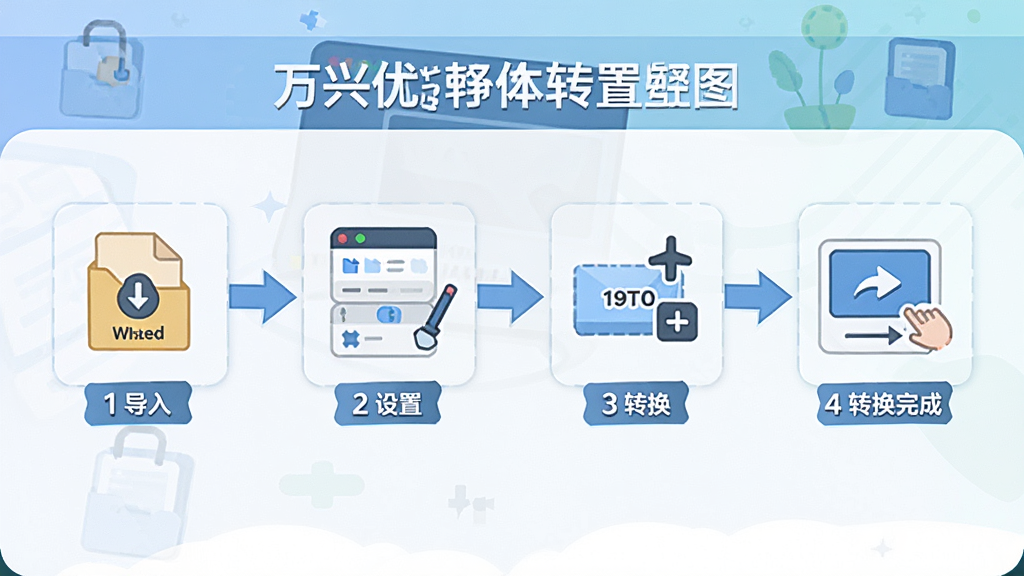 一张展示万兴优转软件操作流程图解的图片,主体为从导入文件到转换完成的步骤示意,布局为横向流程图,排版清晰,风格为扁平化插画风,细节上标注了“1导入”、“2设置”、“3转换”等步骤标签,画质干净,无多余元素