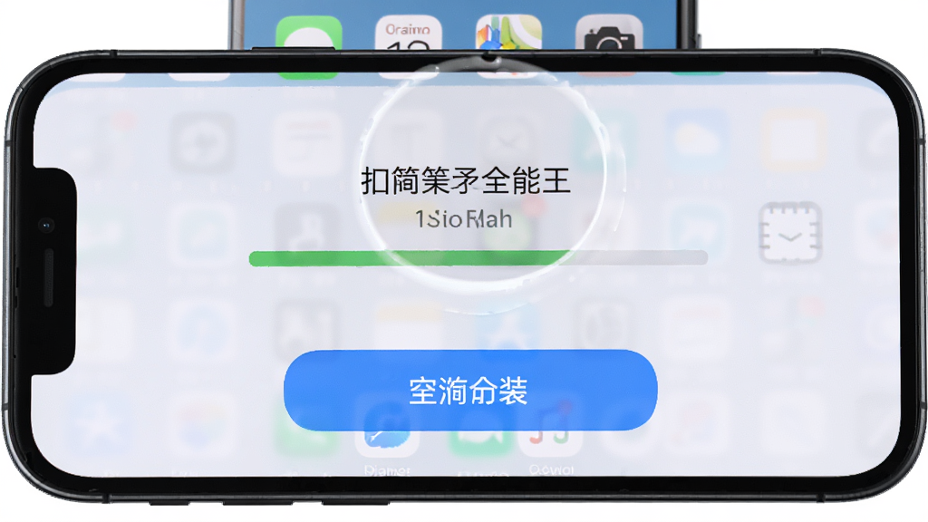 展示扫描尺子全能王在手机上的安装过程,屏幕显示安装进度条,背景为手机桌面图标,布局居中,排版简洁,风格写实,细节突出安装按钮,画质高清,干净,无多余元素