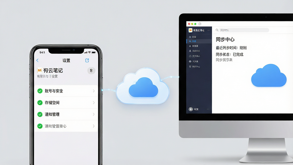 主体:一部手机和一台电脑并排放置,手机屏幕显示有道云笔记的“设置”界面,电脑屏幕显示有道云笔记的“同步中心”界面,两者之间有一个云朵图标连接。布局:手机在左侧,电脑在右侧,云朵图标位于两者中间上方。排版:手机屏幕显示“账号与安全”、“存储空间”、“通知管理”等选项,电脑屏幕显示“最近同步时间:刚刚”和“同步状态:已完成”字样。风格:简洁明亮的写实风格,背景为浅灰色,光线均匀。细节:手机屏幕上有绿色对勾图标,电脑屏幕上有蓝色云朵图标,整体氛围专业可靠。画质:4K高清,细节清晰,画面干净,无多余元素。