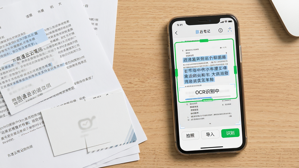 主体:一张办公桌上方俯拍视角,桌面上散落着几张纸质文件、一张名片和一部手机,手机屏幕显示有道云笔记的扫描界面,界面中一个文档被绿色边框框选,并有“OCR识别中”的进度条。布局:纸质文件与名片位于桌面左侧,手机位于右侧,手机屏幕朝上,占据画面中心偏右位置。排版:扫描界面简洁,底部有“拍照”、“导入”、“识别”三个按钮,识别结果文字悬浮在文档上方。风格:明亮简洁的俯拍风格,桌面为原木色,光线自然柔和。细节:文档上的文字清晰可辨,识别出的文字以蓝色高亮显示在手机屏幕上。画质:高清晰度,细节丰富,画面干净,无多余元素。