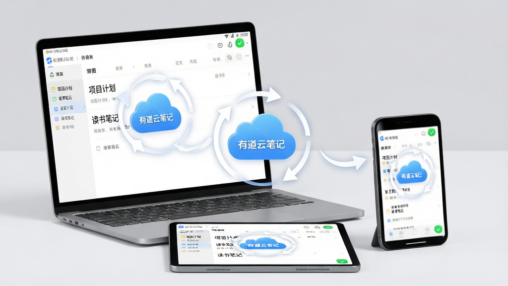 主体:一台笔记本电脑、一部智能手机和一台平板电脑呈三角形排列,三台设备屏幕均显示有道云笔记应用界面,屏幕上有一个旋转的云朵图标,云朵周围有箭头循环指向三台设备。布局:三台设备围绕中心云朵图标,电脑在左后方,手机在右前方,平板在正前方,形成立体空间感。排版:设备屏幕统一显示笔记列表,其中一条笔记标题为“项目计划”,另一条为“读书笔记”,界面简洁清晰。风格:写实3D渲染风格,光影自然,背景为干净的浅灰色工作室环境。细节:云朵图标带有“有道云笔记”字样,三台设备屏幕边缘有同步完成的绿色对勾标记。画质:8K高分辨率,材质细腻,画面干净,无多余元素。