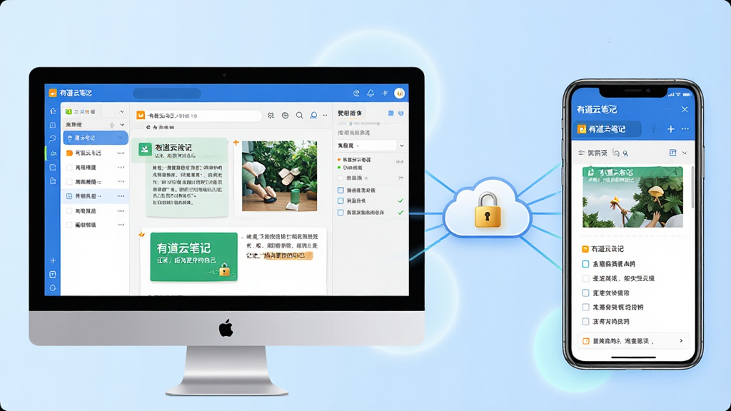 主体:有道云笔记软件界面在电脑屏幕和手机屏幕上同时展示,屏幕中显示笔记列表和编辑页面,有文字、图片、待办事项等元素。布局:电脑屏幕位于画面左侧,手机屏幕位于右侧,一左一右形成对比,中间有云朵图标连接两端的线条,表示数据同步。排版:画面干净整洁,电脑屏幕显示横版界面,手机屏幕显示竖版界面,背景为浅蓝色渐变,带有柔和的光晕。风格:现代扁平化设计风格,色彩以有道云笔记品牌蓝色和白色为主,辅以绿色和橙色点缀。细节:笔记卡片上清晰显示“有道云笔记”字样和“记录,成为更好的自己”标语,云端图标带有一把金色小锁,代表安全加密。画质:4K超高清,细节丰富,画面干净,无多余元素。