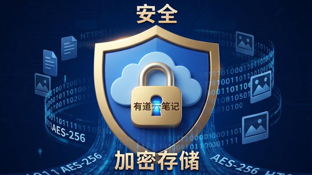 主体:一个巨大的盾牌图标位于画面中央,盾牌表面有云朵图案和一把锁,锁上刻有“有道云笔记”字样,盾牌周围环绕着数据流和二进制代码。布局:盾牌居中,背景为深蓝色科技感背景,数据流从盾牌底部向上流动,形成动态效果。排版:盾牌上方有“安全”字样,下方有“加密存储”字样,数据流中隐现文档和图片的轮廓。风格:科技感3D渲染风格,蓝色与金色配色,光影效果强烈。细节:锁孔处有微光,数据流中可见“AES-256”和“HTTPS”字样,整体氛围庄重可靠。画质:8K分辨率,细节丰富,画面干净,无多余元素。
