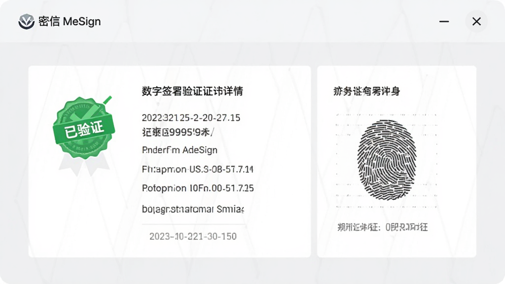 画面主体为密信(MeSign)的数字签名验证界面,显示证书详情与指纹信息,背景为浅灰色商务风格,布局为卡片式,细节有“已验证”绿色徽章、时间戳,风格简洁专业,画质清晰干净,无多余元素