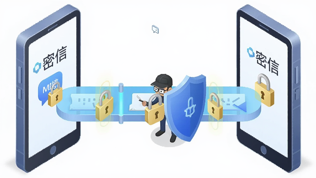 图片主体为密信(MeSign)的加密通信示意图,左右两个设备通过一条带锁的通道传递消息,中间有拦截者被盾牌阻挡,布局为左右对称,风格为2.5D插画,细节包括设备屏幕上的“密信”字样、锁形图标,画质明亮干净,无多余元素