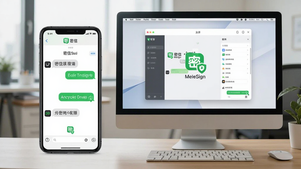 图片主体为密信(MeSign)在手机与电脑上的使用场景,手机竖屏显示聊天界面,电脑屏幕显示主窗口,背景为日常办公环境,布局为双设备并排,风格为写实摄影,细节包括“密信”图标、绿色加密标识,画质清晰自然,无多余元素