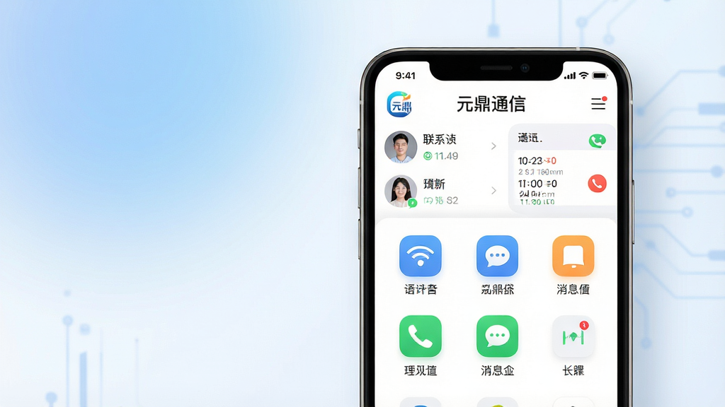 主体:智能手机屏幕展示“元鼎通信”APP界面,界面风格简洁现代,顶部显示联系人列表和通话记录。布局:手机位于画面中央偏右,左侧留白,背景为柔和的蓝白渐变,营造科技感。排版:APP界面清晰展示“元鼎通信”LOGO和导航栏,功能图标排列整齐。风格:扁平化设计,色彩明快,光影柔和。细节:界面显示高清语音通话、消息通知图标,信号满格。画质:4K超清,干净,无多余元素。