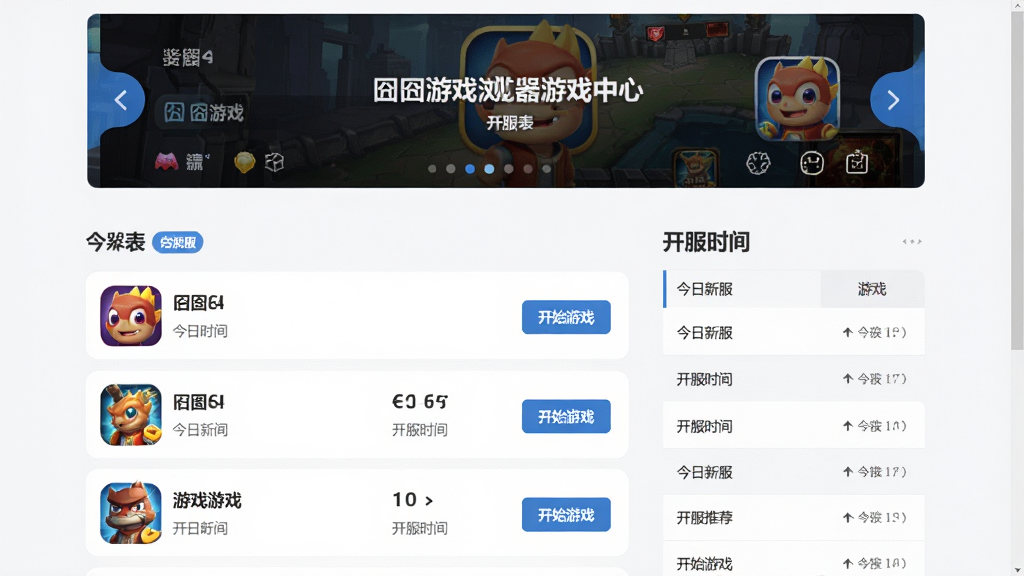 主体:游戏浏览器游戏中心页面,展示开服表与游戏推荐;布局:页面顶部为轮播图,下方为游戏列表与开服时间表;排版:列表式布局,每款游戏附带图标、名称、开服时间与“开始游戏”按钮;风格:简洁商务风格,信息清晰易读;细节:页面中有“今日新服”标签,并显示“游戏浏览器”字样;画质:高清,干净,无多余元素。