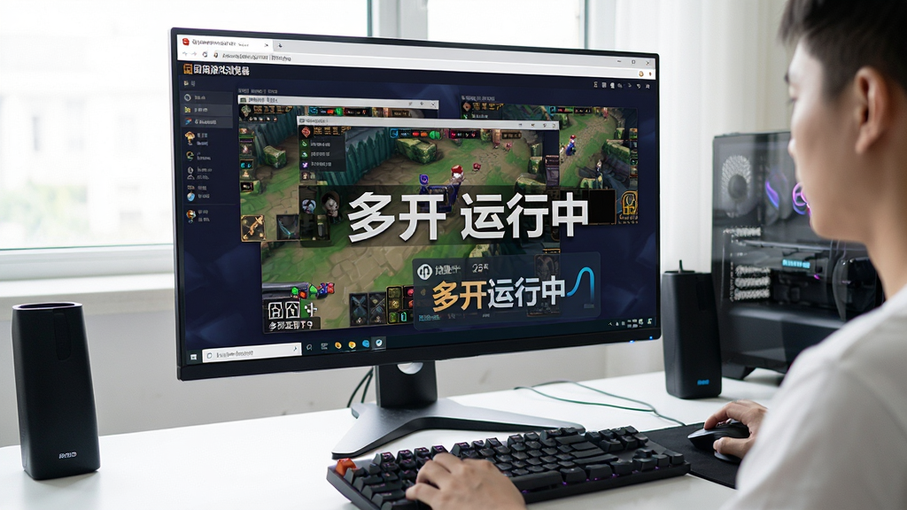 主体:用户正在电脑上操作游戏浏览器,屏幕上显示多个游戏窗口;布局:电脑屏幕占据画面中央,周围有鼠标与键盘;排版:屏幕内展示多开窗口与加速状态;风格:写实风格,光线明亮;细节:屏幕中显示“游戏浏览器”界面,并标注“多开运行中”字样;画质:高清,干净,无多余元素。