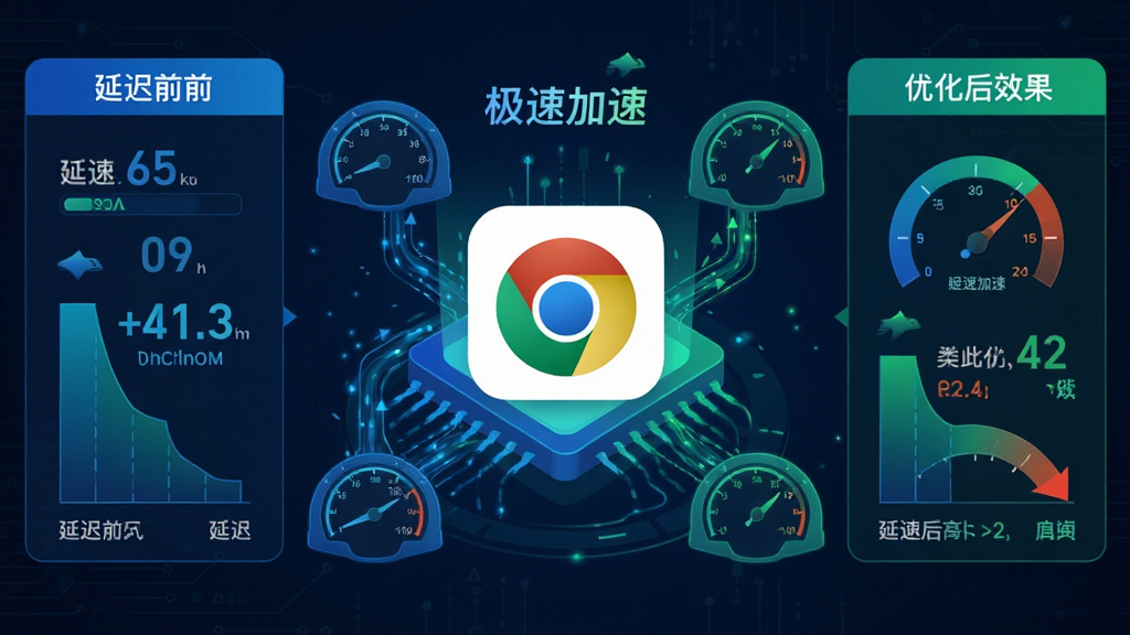 主体:游戏浏览器加速引擎工作示意图,展示网络优化过程;布局:画面中央为浏览器Logo,周围环绕数据流动线条与速度仪表盘;排版:左右对称,左侧为优化前延迟数据,右侧为优化后效果;风格:科技感插画风格,蓝色与绿色为主色调;细节:标注“极速加速”字样,并显示延迟数值从高到低的变化;画质:高清,干净,无多余元素。