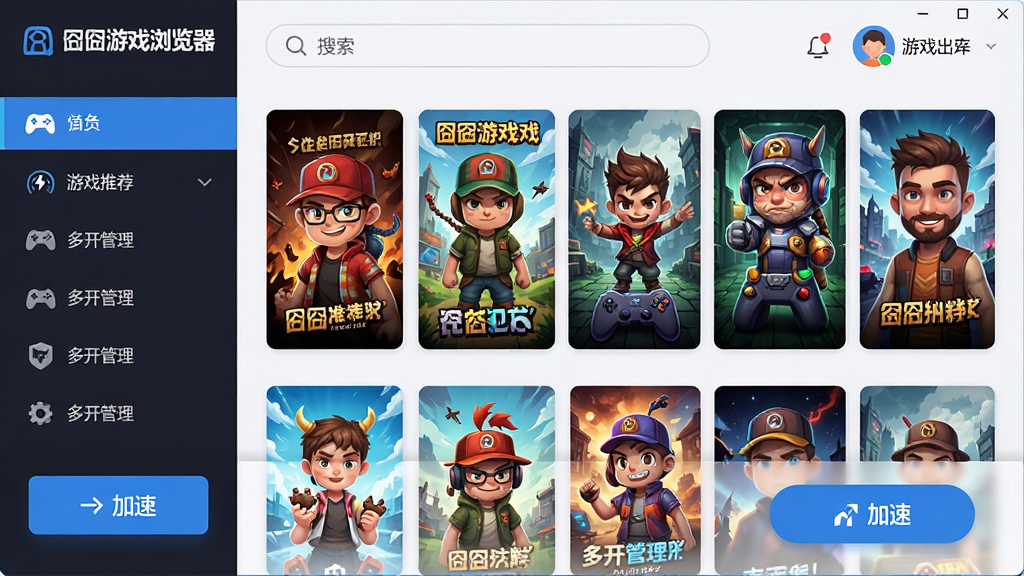 主体:游戏浏览器主界面,展示游戏推荐列表与加速按钮;布局:界面左侧为游戏分类导航,右侧为游戏封面墙,顶部为搜索栏与账号信息;排版:采用卡片式布局,色彩明快,功能图标清晰;风格:现代扁平化设计,科技感与游戏感结合;细节:界面中显示“游戏浏览器”字样,并配有游戏加速、多开管理等功能图标;画质:高清,干净,无多余元素。