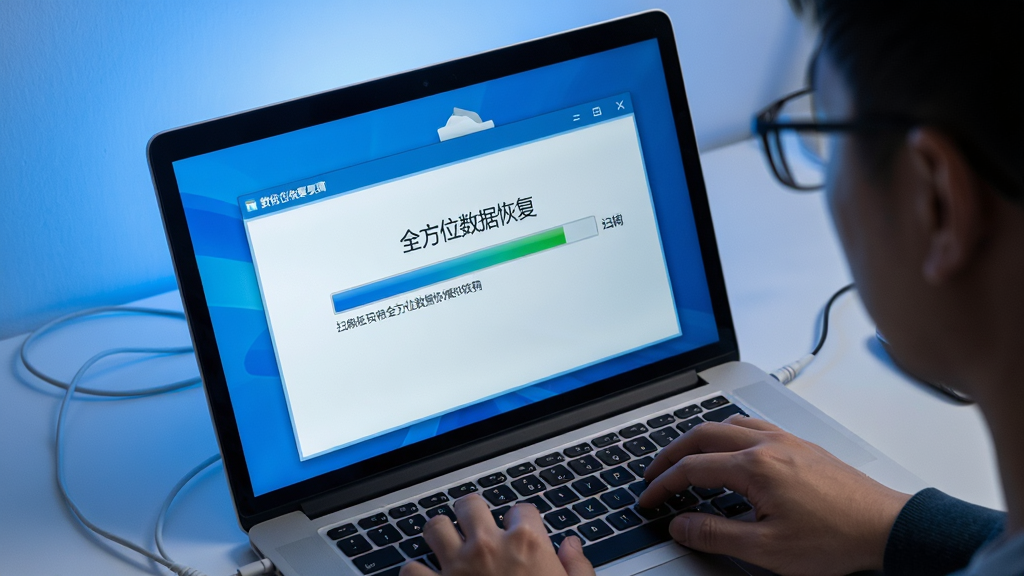 一个用户正在笔记本电脑上操作数据恢复软件,主体是电脑屏幕中显示「全方位数据恢复」正在扫描文件的进度条,布局为俯视角度,排版注重用户与电脑的互动感,风格写实摄影,细节有微亮的蓝光屏幕背景,画质干净,无多余元素