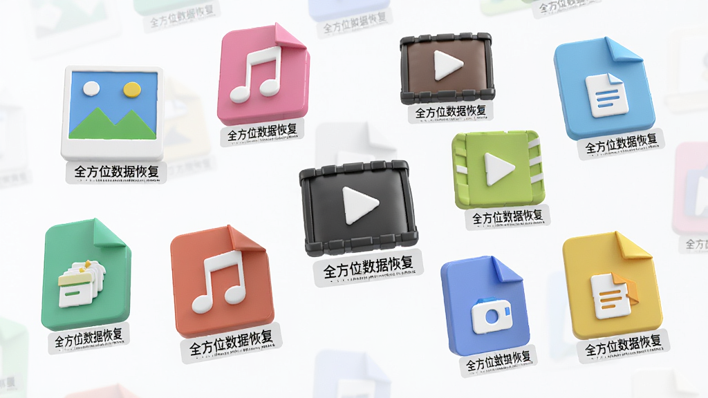 一张展示多种文件格式图标悬浮在半空中的3D渲染图,主体是散落的各种彩色文件图标,如照片、音乐、视频和文档,布局错落有致,排版具有空间感,风格为现代科技插画,细节中每个文件图标下方都带有「全方位数据恢复」的微小标签,画质通透干净,无多余元素