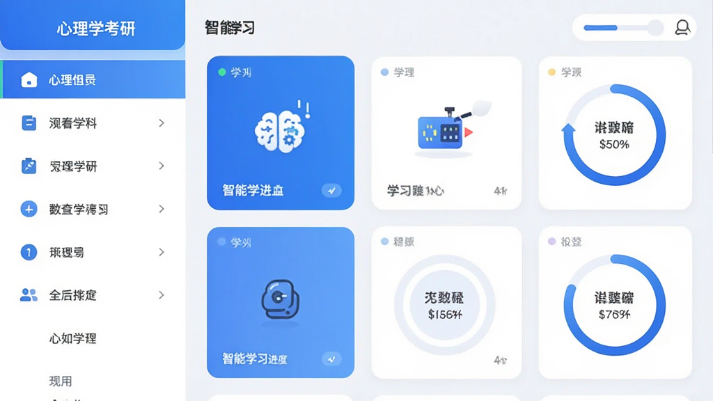 心理学考研app主界面截图,展示心理学科目列表和智能学习进度,界面设计简洁现代,以蓝色和白色为主色调,左侧是侧边栏菜单,右侧显示各科目学习卡片和进度环,整体风格扁平化,图标精致,文字清晰,画质高清,干净无多余元素