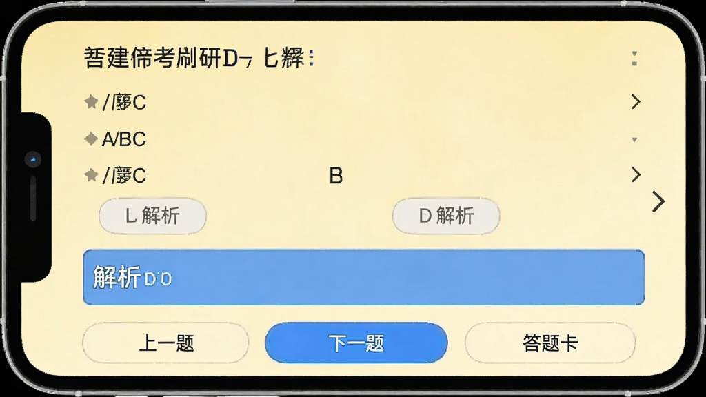 心理学考研app刷题界面,显示一道选择题,选项A/B/C/D下方有解析按钮,界面底部有“上一题”、“下一题”和“答题卡”按钮,背景为淡黄色,题目字体清晰,解析区域用蓝色高亮,整体风格清爽,无多余元素