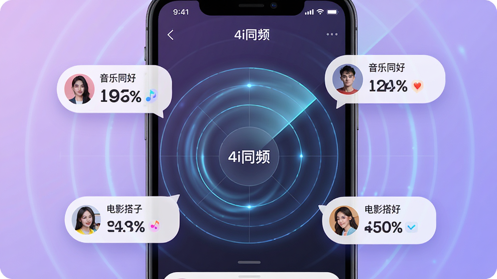 主体:手机APP界面截图展示“4i同频”的同频雷达功能,一个半透明的雷达波纹图,周围分布着几个带有头像和匹配度百分比的气泡。布局:手机屏幕占据画面主体,雷达波纹居中,气泡环绕分布。排版:界面UI清晰,雷达波纹有动态光效,匹配度数字醒目。风格:科技感与时尚感结合的UI设计展示图,背景为柔和的渐变紫色。细节:气泡上显示“音乐同好”、“电影搭子”等标签,雷达中心有“4i同频”字样。画质:高清,色彩鲜明,UI元素干净无多余装饰。
