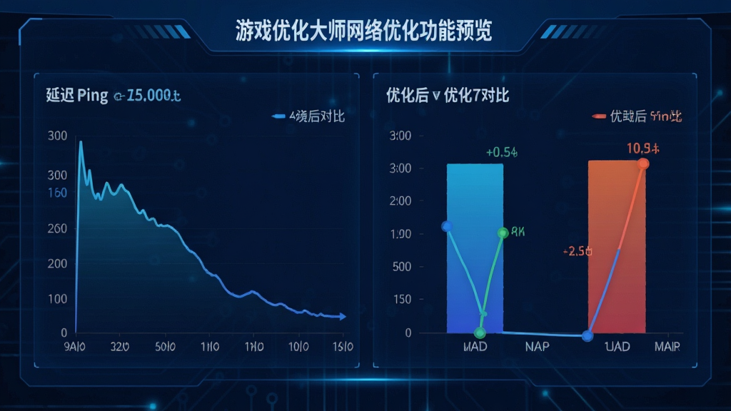 游戏优化大师网络优化功能预览图,主体为网络延迟实时监控图表,布局展示延迟曲线与优化前后对比,排版清晰数据可视化,风格科技蓝调,细节包括Ping值数字,画质高清干净,无多余元素