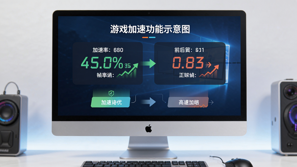 游戏优化大师一键加速功能示意图,主体为电脑屏幕显示加速完成效果,布局中央展示加速前后帧率对比数据,排版展示按钮操作流程,风格简洁直观,细节包括帧率数字变化,画质干净明亮,无多余元素