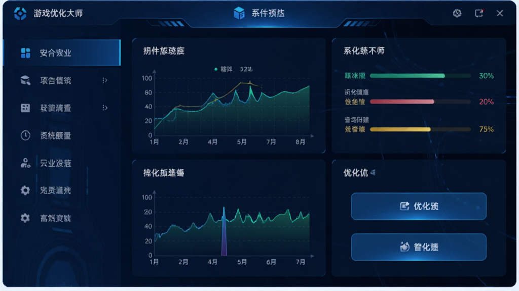 游戏优化大师主界面预览图,主体是深蓝色科技感UI界面,左侧功能列表清晰,右侧显示系统状态与优化按钮,布局简洁明了,排版规整,风格现代科技,细节包含性能监控图表,画质高清干净,无多余元素