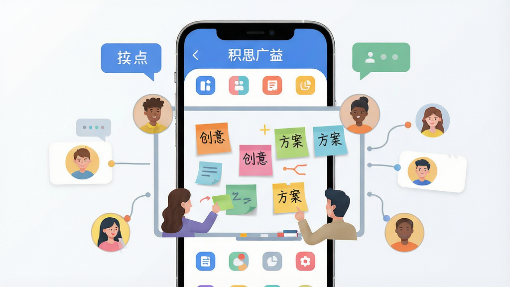 主体:一款名为“积思广益”的移动应用界面展示,手机屏幕中呈现多人协作讨论的虚拟场景,彩色便签纸贴满虚拟白板,人物头像环绕四周,布局:居中构图,手机为视觉焦点,周围有浮动对话气泡和思维连线,排版:界面顶部显示“积思广益”字样,下方分布多个功能图标,风格:现代扁平化设计,色彩明快,细节:便签上有简短文字如“创意”、“方案”,画质:高清渲染,干净,无多余元素