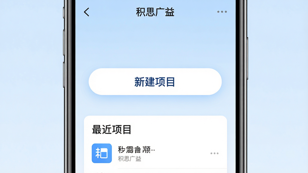 主体:手机屏幕显示积思广益应用的主界面,中间有“新建项目”按钮,背景为淡蓝色渐变,布局:居中,按钮突出,排版:简洁,风格:清爽,细节:按钮下方有“最近项目”列表,画质:高清,干净,无多余元素
