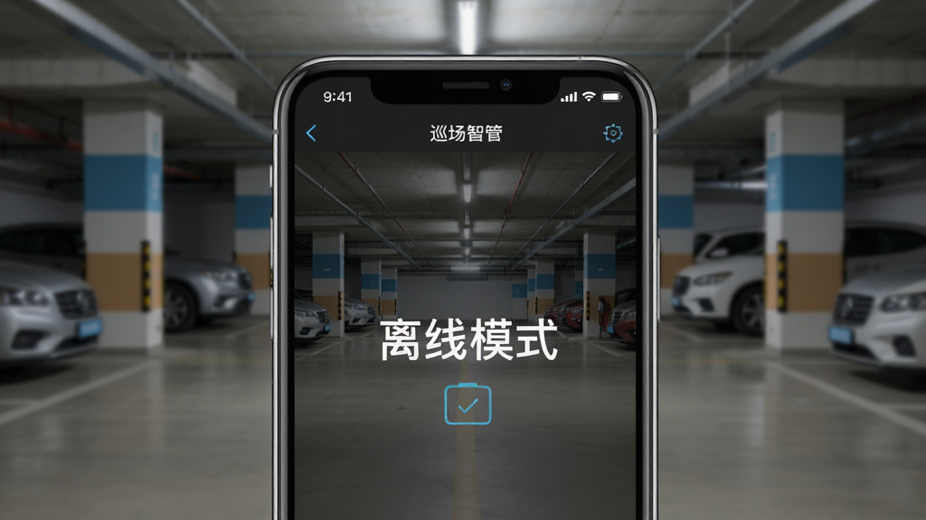 一幅展示巡场智管手机端离线模式界面的图片,手机屏幕上显示“离线模式”字样,背景为地下车库场景,画面主体是手机,布局居中,风格写实,细节清晰,画质干净,无多余元素