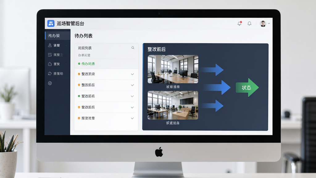 展示巡场智管后台的问题工单处理界面,包含待办列表、整改前后对比照片和状态流转箭头,背景为电脑屏幕,画面主体突出,布局合理,排版清晰,风格商务简约,细节丰富,画质高清,无多余元素