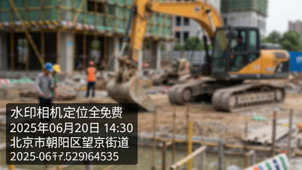 主体:一张带有“水印相机定位全免费”水印的照片特写,水印显示“2025年06月20日 14:30 北京市朝阳区望京街道”及经纬度数字。布局:照片占据画面主体,水印位于左下角,背景为模糊的工地或户外场景。排版:水印文字清晰,字体规整,位置不遮挡主体内容。风格:写实风格,光线自然,细节丰富。细节:水印字体为黑体,白色带半透明底,日期时间与地址分行显示,画面干净,无多余元素。画质:高清,干净,无多余元素。