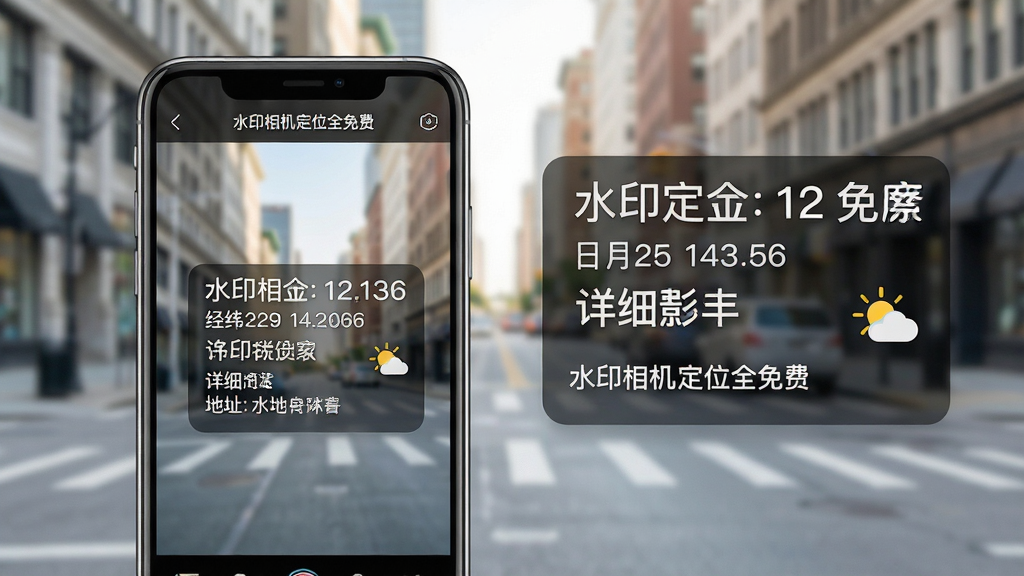 主体:手机屏幕展示“水印相机定位全免费”主界面,背景为城市街道实景,界面中央显示实时时间、经纬度、详细地址信息的水印样式。布局:手机位于画面中央偏左,右侧悬浮显示放大的水印效果预览,上下留白。排版:简洁明快,界面元素排列整齐,水印文字清晰可读。风格:写实摄影与UI界面结合,明亮通透,色彩自然。细节:手机屏幕中可以看到“水印相机定位全免费”字样,水印包含日期、时间、具体街道名称、天气图标,画面干净无杂物。画质:高清,干净,无多余元素。
