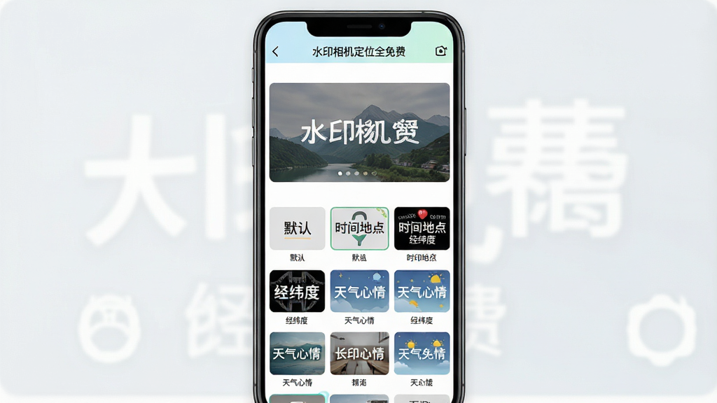 主体:展示“水印相机定位全免费”应用内水印模板选择界面,屏幕上排列着多种不同风格的水印缩略图。布局:手机竖屏界面,上方是预览区,下方是模板列表,左右滑动切换。排版:网格状排列,每款模板下方有名称标注。风格:清新简约,界面配色柔和。细节:模板包括“默认”、“时间地点”、“经纬度”、“天气心情”等,屏幕顶部有“水印相机定位全免费”字样,画面干净整洁。画质:高清,干净,无多余元素。