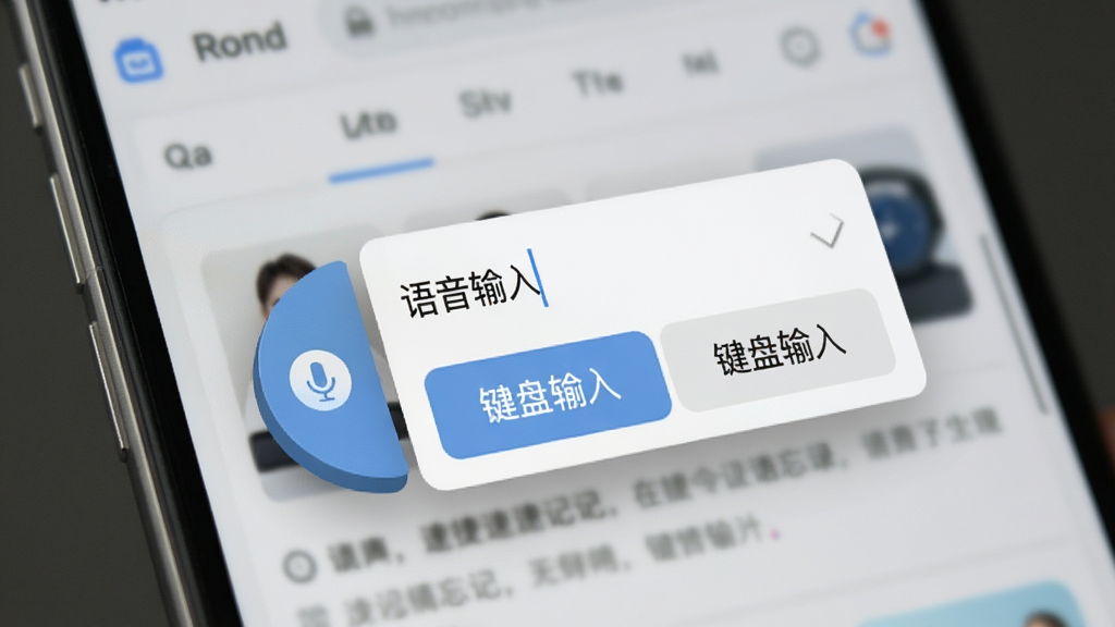 展示速记备忘录的悬浮球快捷速记功能,手机屏幕上悬浮一个半圆形按钮,点击后弹出输入框,背景为模糊的网页界面,输入框内有“语音输入”和“键盘输入”两个选项,画面清晰,风格写实,干净无多余元素