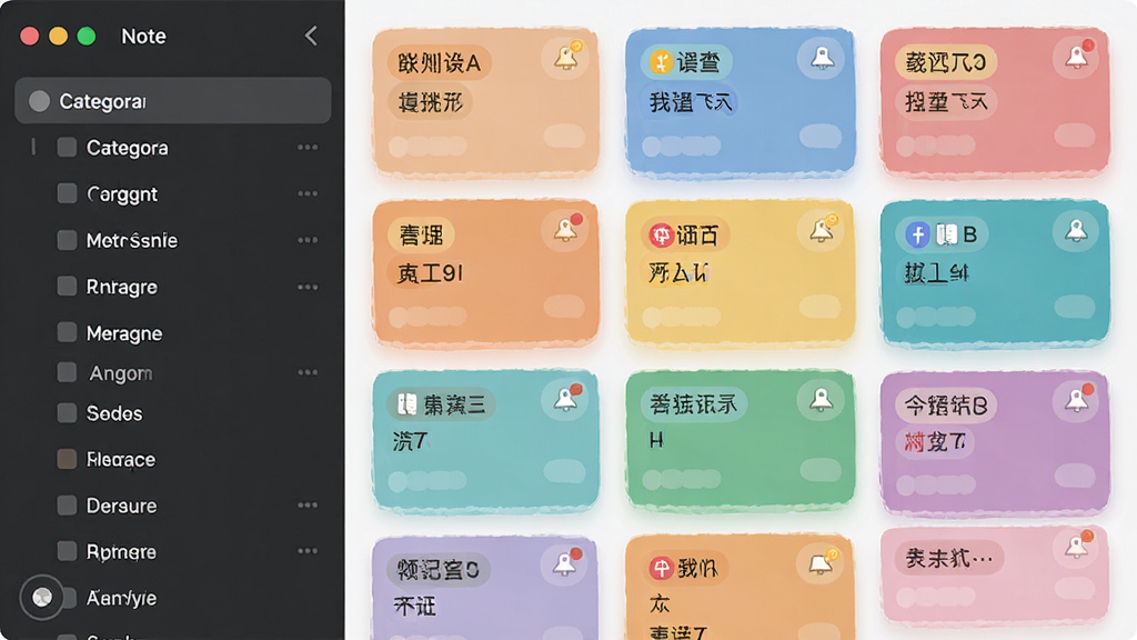 展示速记备忘录的分类管理界面,左侧为分类列表,右侧为笔记卡片墙,卡片颜色各异,带有标签和提醒图标,整体布局清晰,色彩柔和,画质细腻,无多余元素