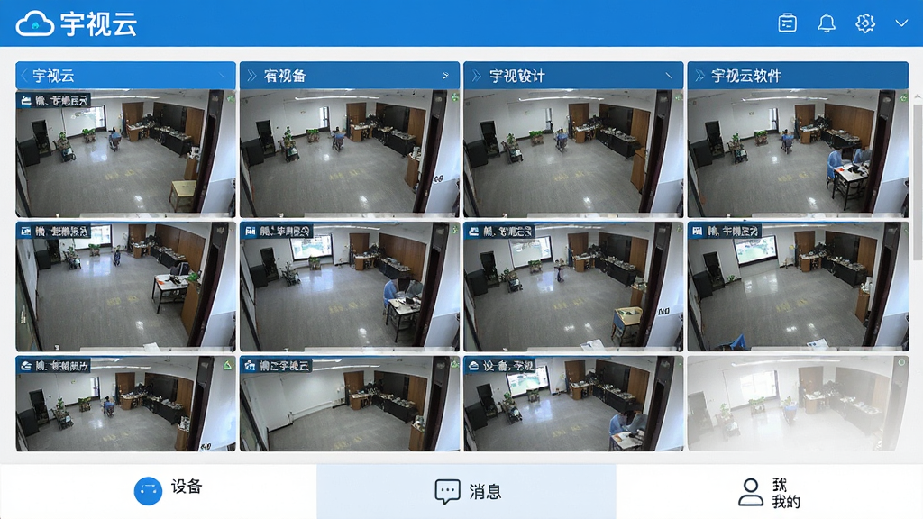 一张展示宇视云软件主界面的高清截图,界面风格现代简洁,顶部显示“宇视云”品牌标识,中部为监控画面网格预览,底部有设备、消息、我的等选项卡,整体色调以蓝色和白色为主,画质清晰,干净无多余元素。