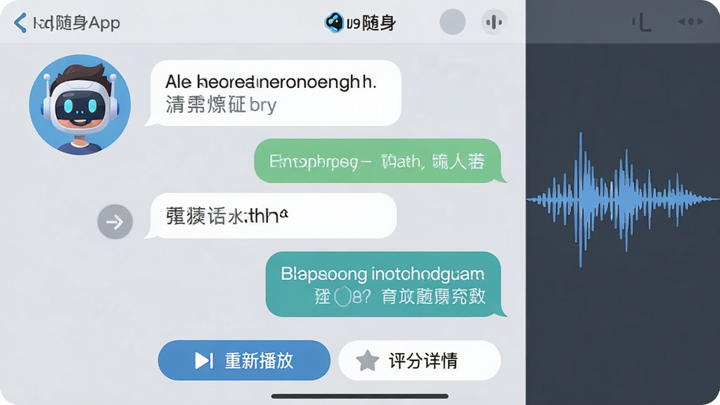 一张展示AI对话功能的界面截图,Take随身App的对话窗口占据屏幕主体,左侧是虚拟AI人物的卡通头像,右侧是用户的语音波形图,对话气泡中交替显示英文对话和中文翻译,屏幕下方有“重新播放”、“评分详情”按钮,背景为柔和的浅灰色,界面元素排列整齐,扁平化设计风格,画质清晰,无多余装饰