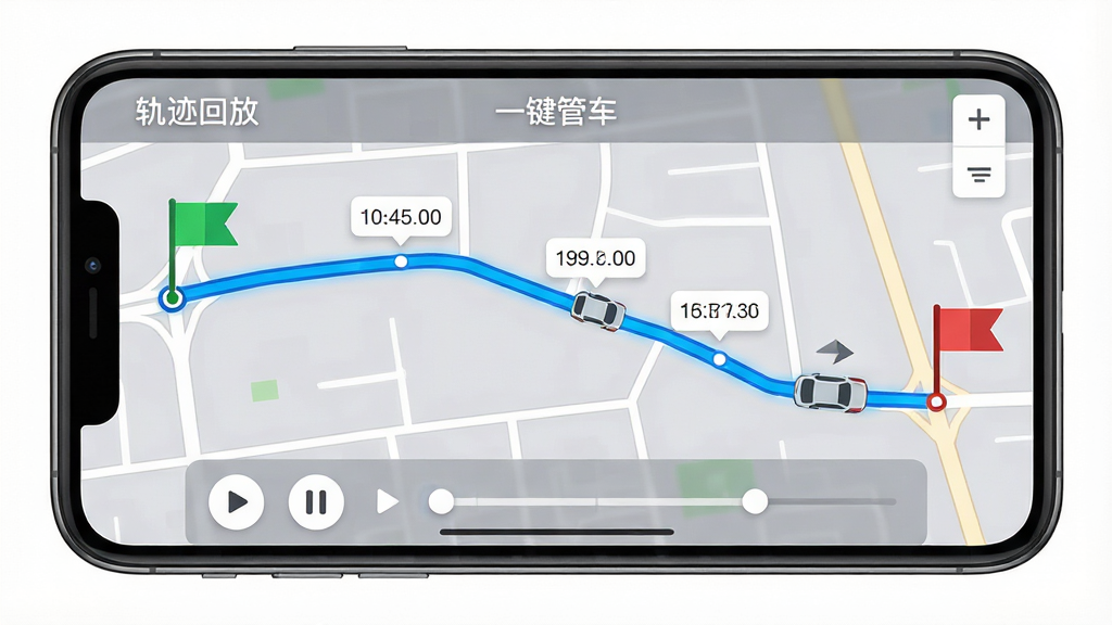 主体:手机横屏显示“一键管车”轨迹回放界面,地图上有一条清晰的蓝色行驶轨迹线,起点有绿色旗帜,终点有红色旗帜,中途有多个时间标注点。布局:地图占据画面大部分,底部有半透明控制条,显示播放/暂停按钮和时间轴。排版:轨迹线流畅连贯,时间点以白色圆形标签标注,控制条信息简洁。风格:扁平化地图风格,道路清晰,背景为浅灰色,轨迹线高亮。细节:地图右上角有缩放按钮,车辆图标沿轨迹移动,带有方向箭头。画质:高清,无多余元素,干净整洁。