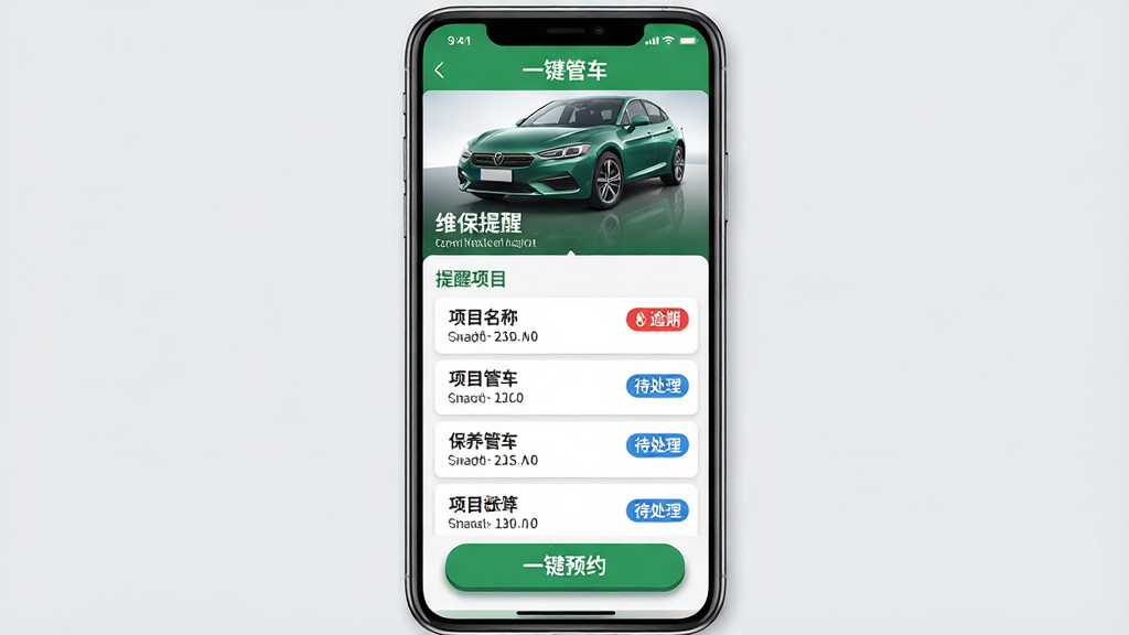 主体:智能手机竖屏显示“一键管车”维保提醒页面,顶部有车辆照片,中部为保养项目列表,底部有“一键预约”按钮。布局:页面从上到下依次为车辆信息区、提醒列表区、操作按钮区,结构清晰。排版:提醒项目以卡片式排列,每个卡片包含项目名称、到期日期、状态标签。风格:扁平化设计,绿色与白色主色,状态标签用红色表示逾期,蓝色表示待处理。细节:车辆照片带有光泽感,按钮有阴影效果,背景为淡灰色。画质:清晰锐利,无多余元素。