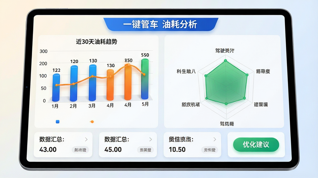 主体:平板电脑展示“一键管车”油耗分析图表,包含柱状图与折线图,显示近30天油耗趋势,下方有驾驶行为评分雷达图。布局:平板居中,图表左右对称,上方为标题栏,下方为数据汇总卡片。排版:图表颜色鲜艳,柱状图用蓝色,折线图用橙色,雷达图用绿色,数据标签清晰。风格:商务科技风,背景为浅色渐变,图表立体感强。细节:柱状图顶部有具体数值,雷达图各维度标注名称,右下角有“优化建议”按钮。画质:高分辨率,渲染细腻,无多余元素。