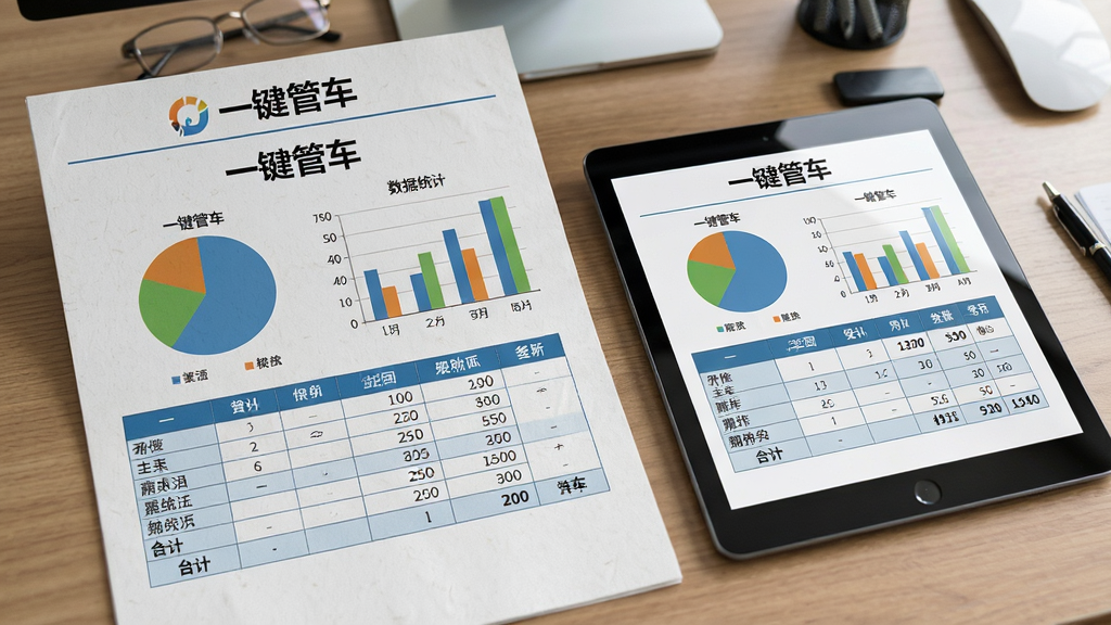 主体:一张纸质报表与平板电脑并列,报表上印有“一键管车”数据统计图表,包括饼图、柱状图、表格。布局:报表位于左侧,平板位于右侧,背景为办公桌面。排版:报表内容排列整齐,图表颜色协调,表格行间距适中。风格:商务办公风格,报表纸张质感真实,平板屏幕显示相同数据。细节:报表页眉有“一键管车”Logo,表格有合计行,平板屏幕反光自然。画质:高分辨率,无多余元素。